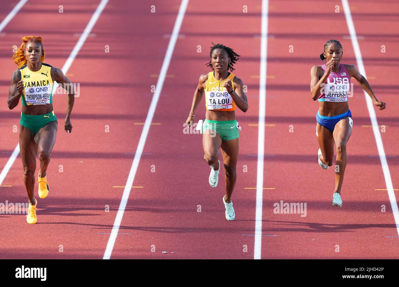 Cote D’Ivoire Marie-Josee Ta Lou (centre) during the Women’s 100m Semi-Final on day three of the World Athletics Championships at Hayward Field, University of Oregon in the United States. Picture date: Sunday July 17, 2022. Stock Photo