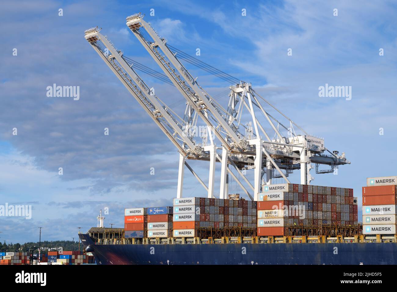 Seattle - July 09, 2022; Container ship with Maersk containers with ...