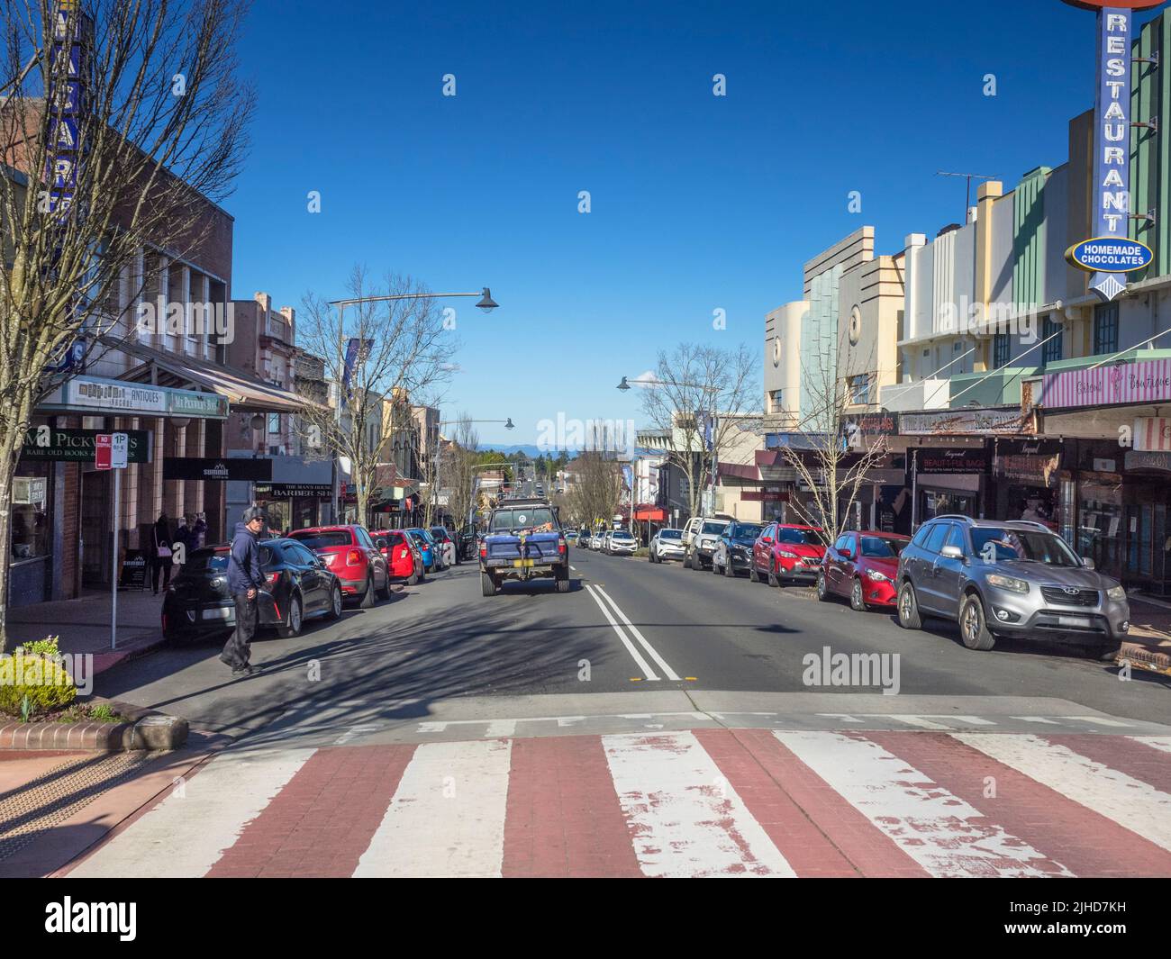 Pedestrian crossing, Katoomba Street,  Katoomba, Blue Mountains. Stock Photo