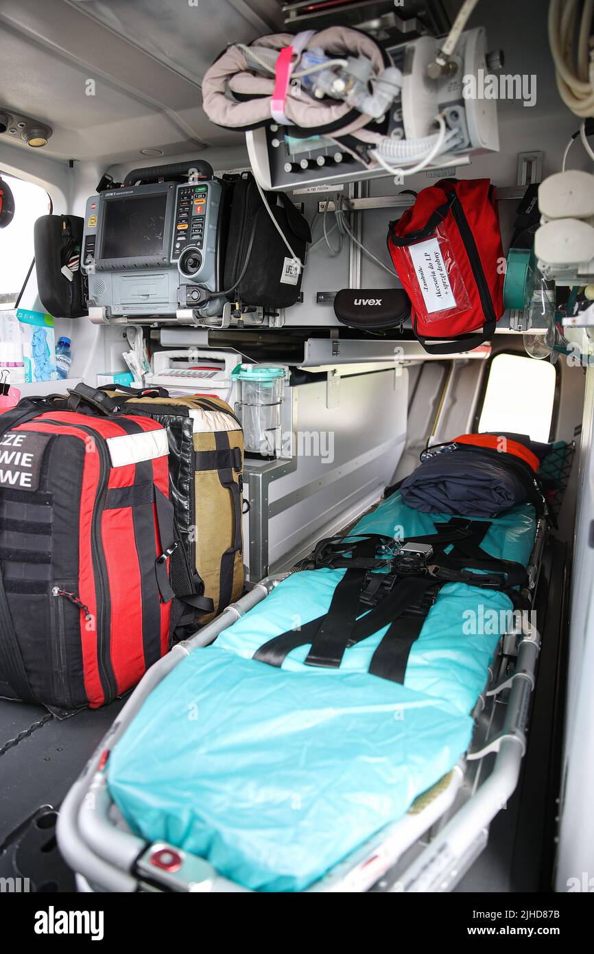 The interior and medical equipment of emergency medical helicopter