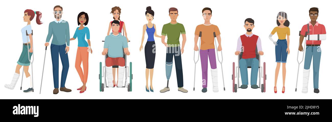 People with disability friends helping them set vector illustration Stock Vector