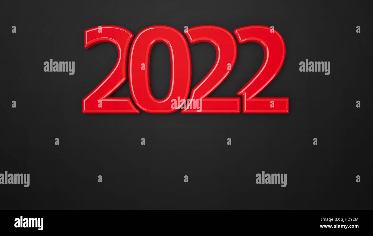 Red 2022 symbol on black background, represents the new year 2022, three-dimensional rendering, 3D illustration Stock Photo