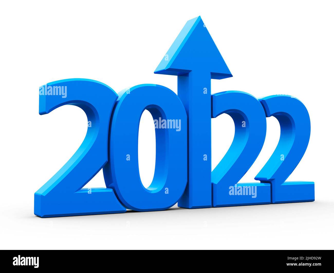 Blue 2022 with arrow up isolated on white background, represents growth in the new year 2022, three-dimensional rendering, 3D illustration Stock Photo