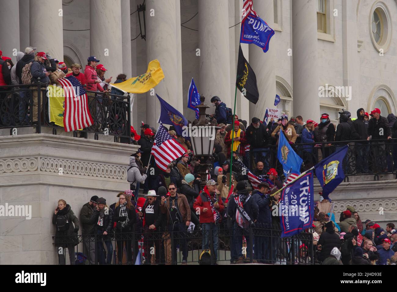 Supporters of then-President Donald Trump occupy the east front of the U.S. Capitol during the riots on 6 Jan 2021. Stock Photo