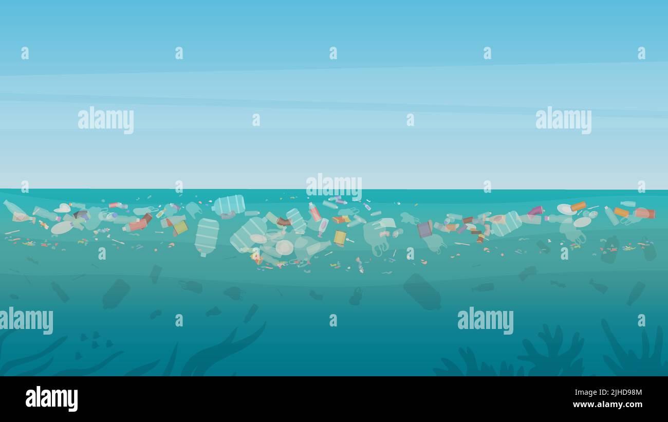 Plastic bags, bottles and industry toxic waste floating in dirty ocean water background. Environment, danger concept. Polluted with trash and garbage underwater of ocean or sea vector illustration. Stock Vector