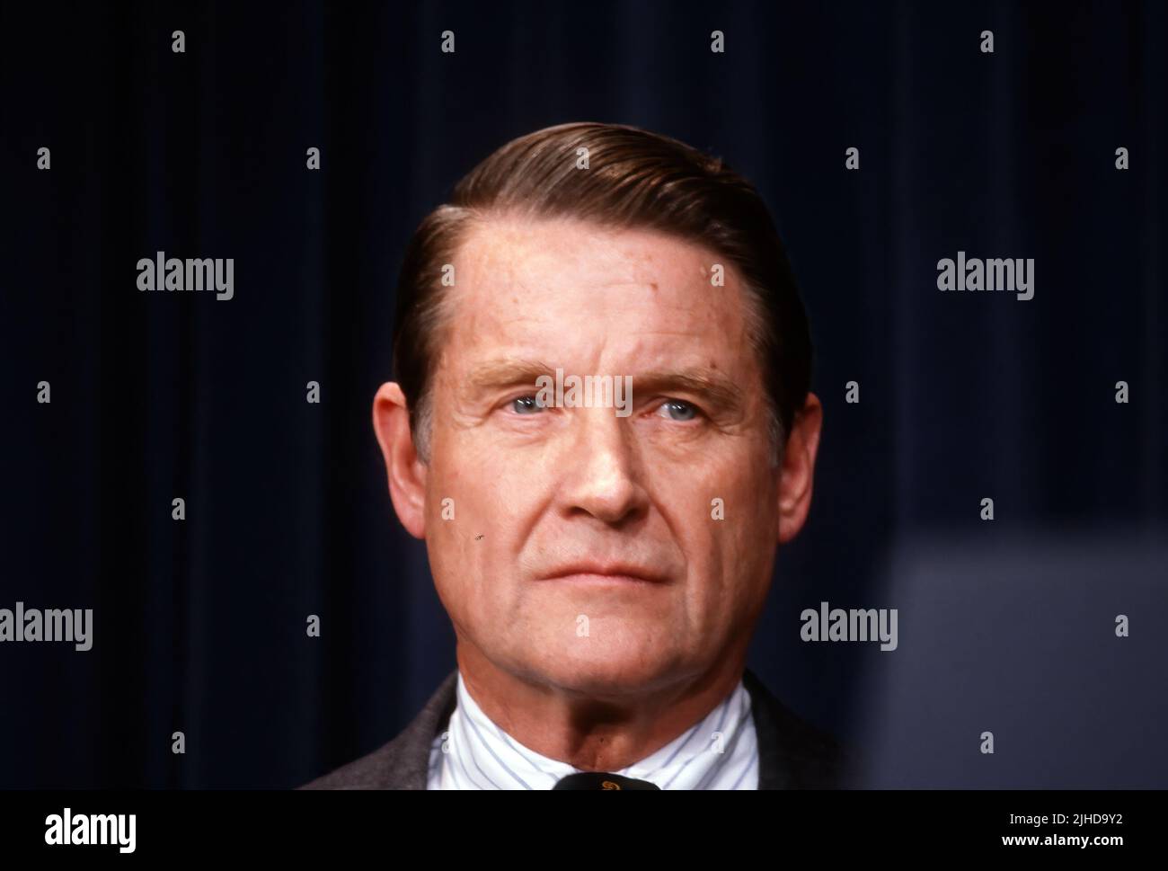 WASHINGTON DC - DECEMBER 6, 1988 William H. Webster is asked by President-Elect George H.W. Bush to stay on as the Director of the Central Intelligence during a news conference in room 450 of the Old Executive Office Building where Bush introduced his new cabinet officers to the news media. Stock Photo