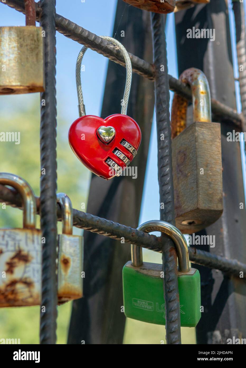 Love padlocks representing ever lasting love. Red heart love lock Stock