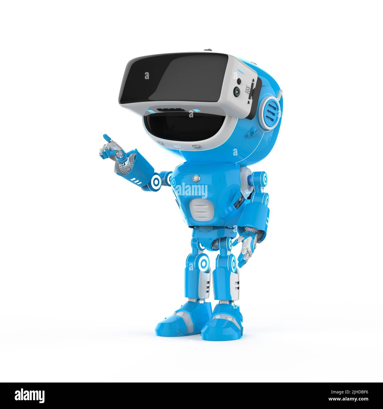 3d rendering blue robotic assistant or artificial intelligence robot wear vr headset Stock Photo