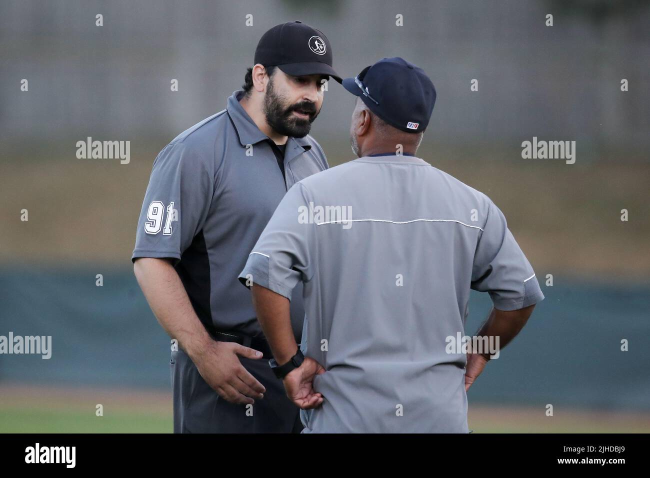 July 16 2022, London Ontario Canada, The London Majors defeat the Hamilton Cardinals 11-6. Roop Chanderdat gives the umpire a piece of his mind after Stock Photo