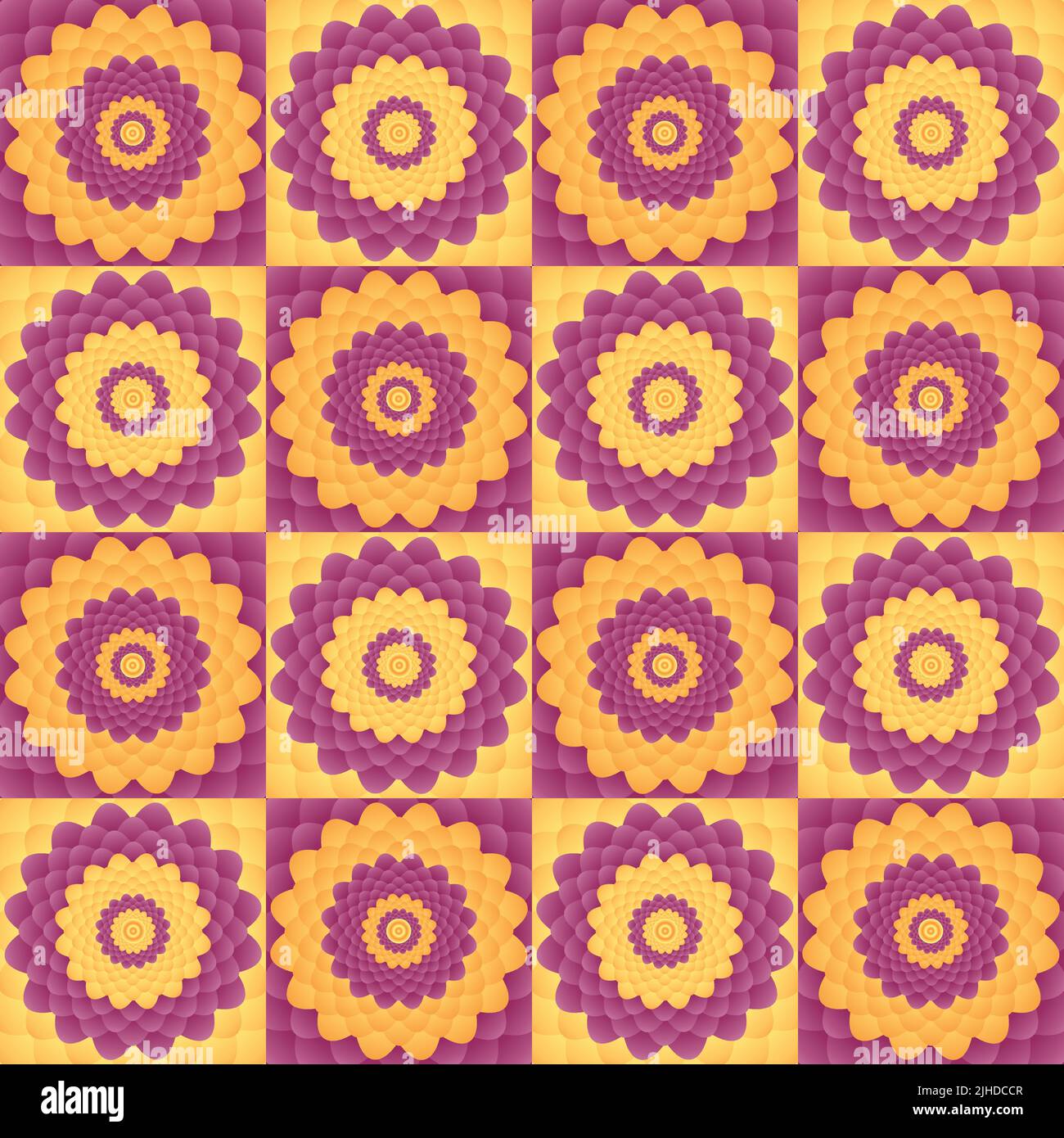 Stylized, vector dahlia. Seamless pattern arrange in a chessboard. Burgundy and yellow tiles. Stock Vector