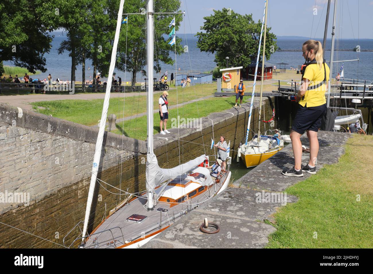 Berg, Sweden - June 27, 2022: Ongoing lockage at the Locks at Berg in the Gota canal. Stock Photo