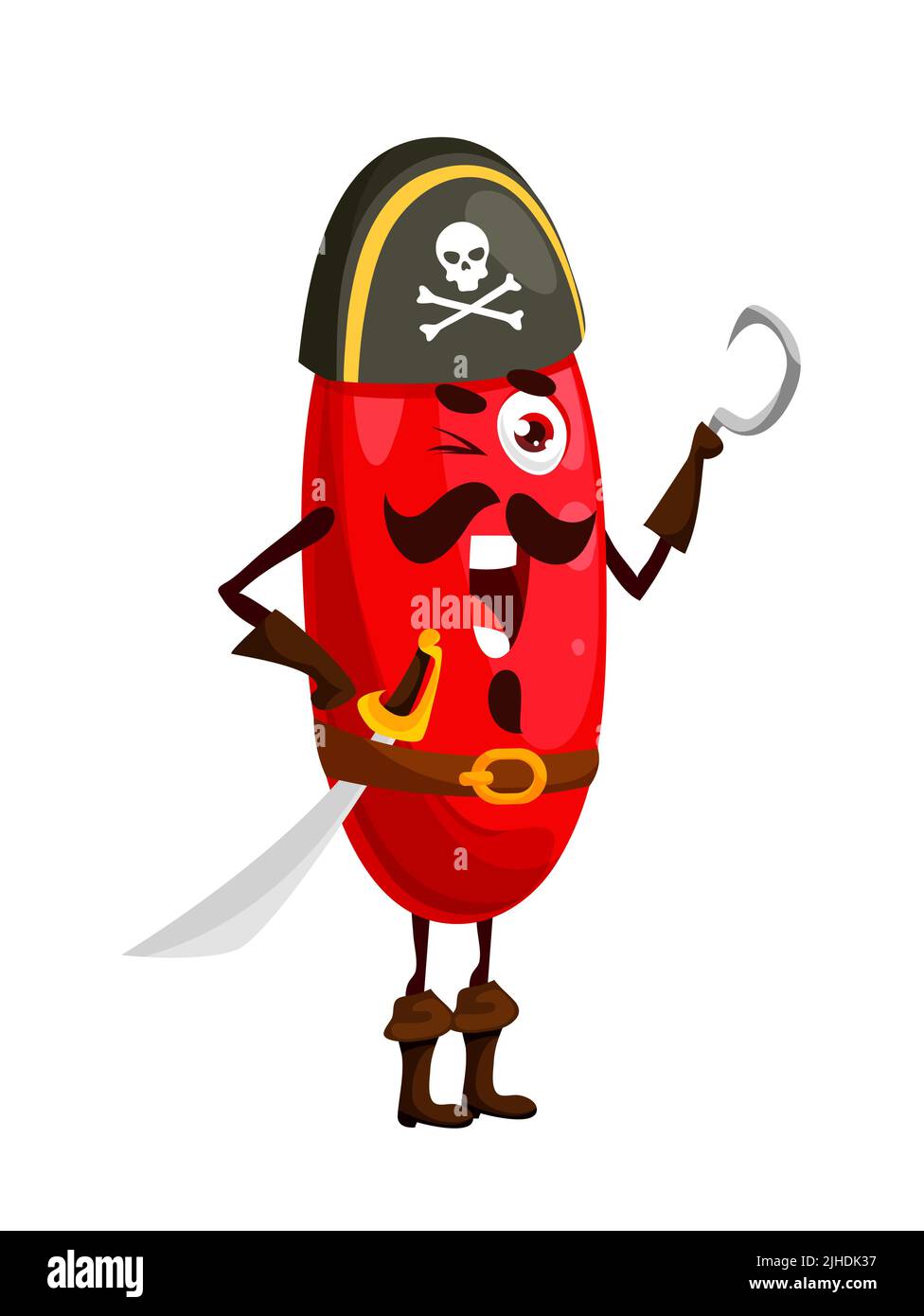 Cartoon barberry pirate captain character with hook. Happy wink berry corsair in carnival costume. Vector buccaneer personage in hat with jolly roger and saber on belt, isolated freebooter or picaroon Stock Vector