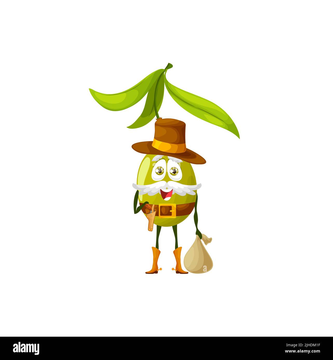 Cartoon olive robber character with money bag, vector fruit cowboy of Wild West or American Western food emoji. Happy smiling green olive cowboy bandit with mustaches, leather hat, gun and shoes Stock Vector