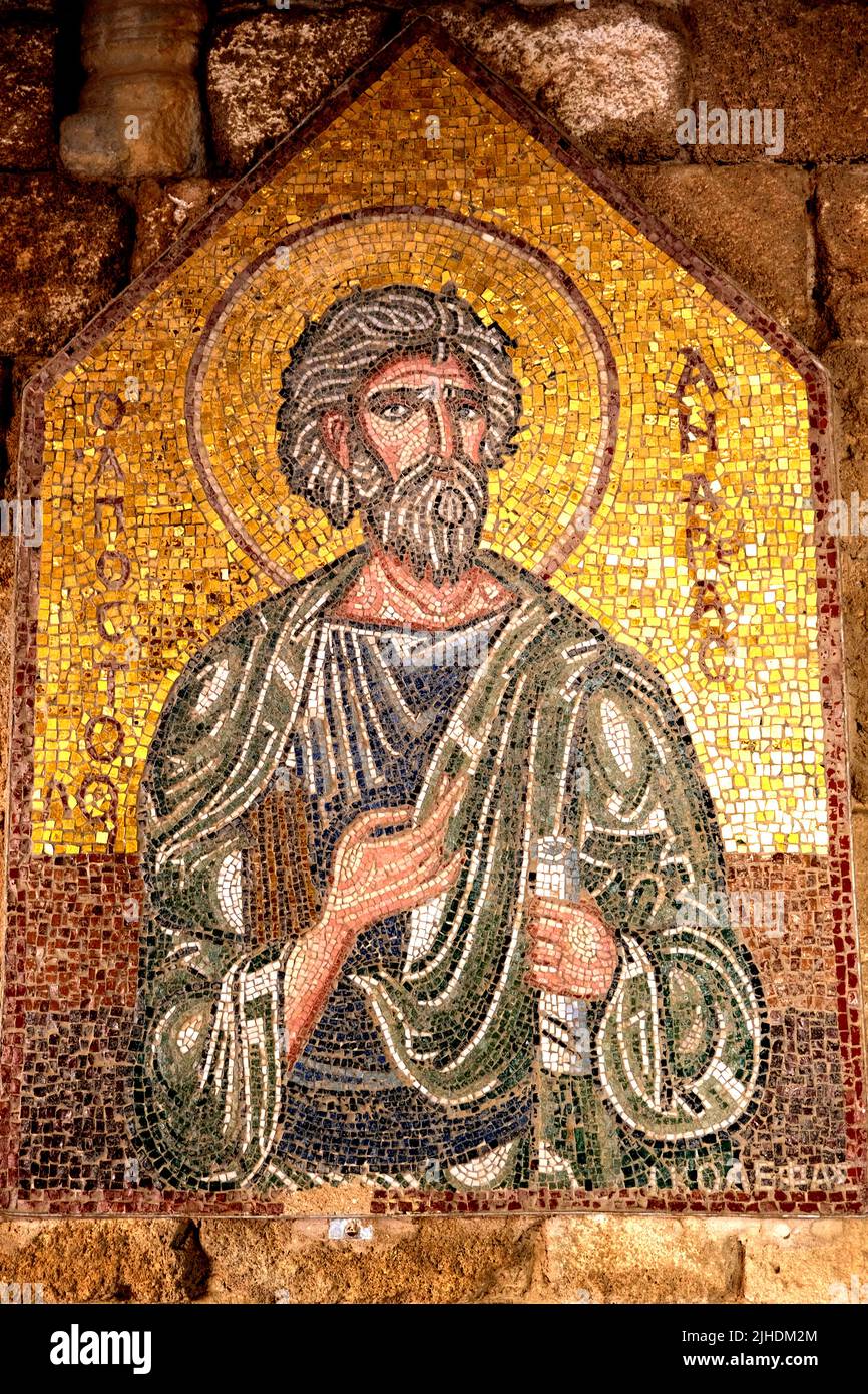 Mosaic on the wall of Mount Filerimos monastery in Rhodes Greece Stock Photo