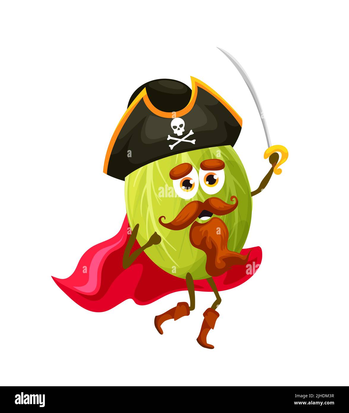 Cartoon gooseberry pirate captain with saber. Vector happy corsair, smiling berry character, buccaneer in cocked hat with jolly roger. Isolated freebooter or picaroon personage run with sword in hand Stock Vector