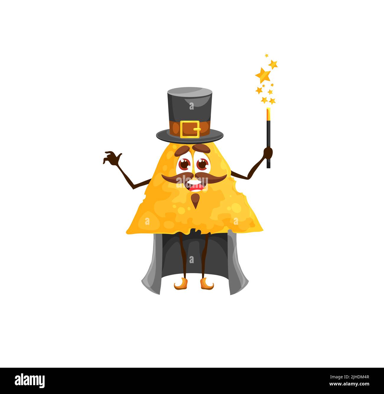 Cartoon Mexican nachos magician character, wizard with magic wand, vector. Kids personage, funny isolated nacho chip as sorcerer magician or warlock in magic cape and witch hat Stock Vector