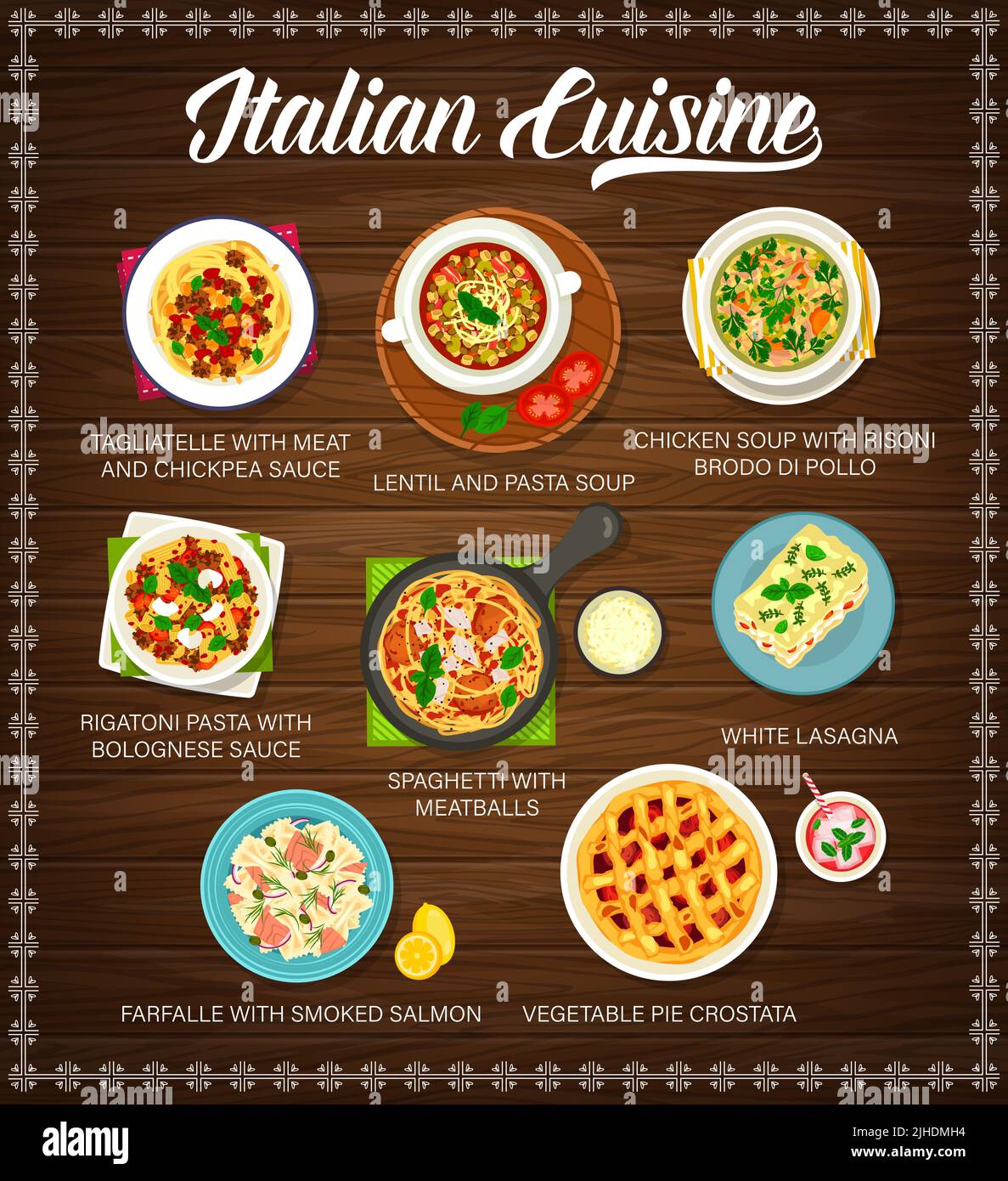 Italian food cuisine and restaurant menu with pasta dishes and meals ...