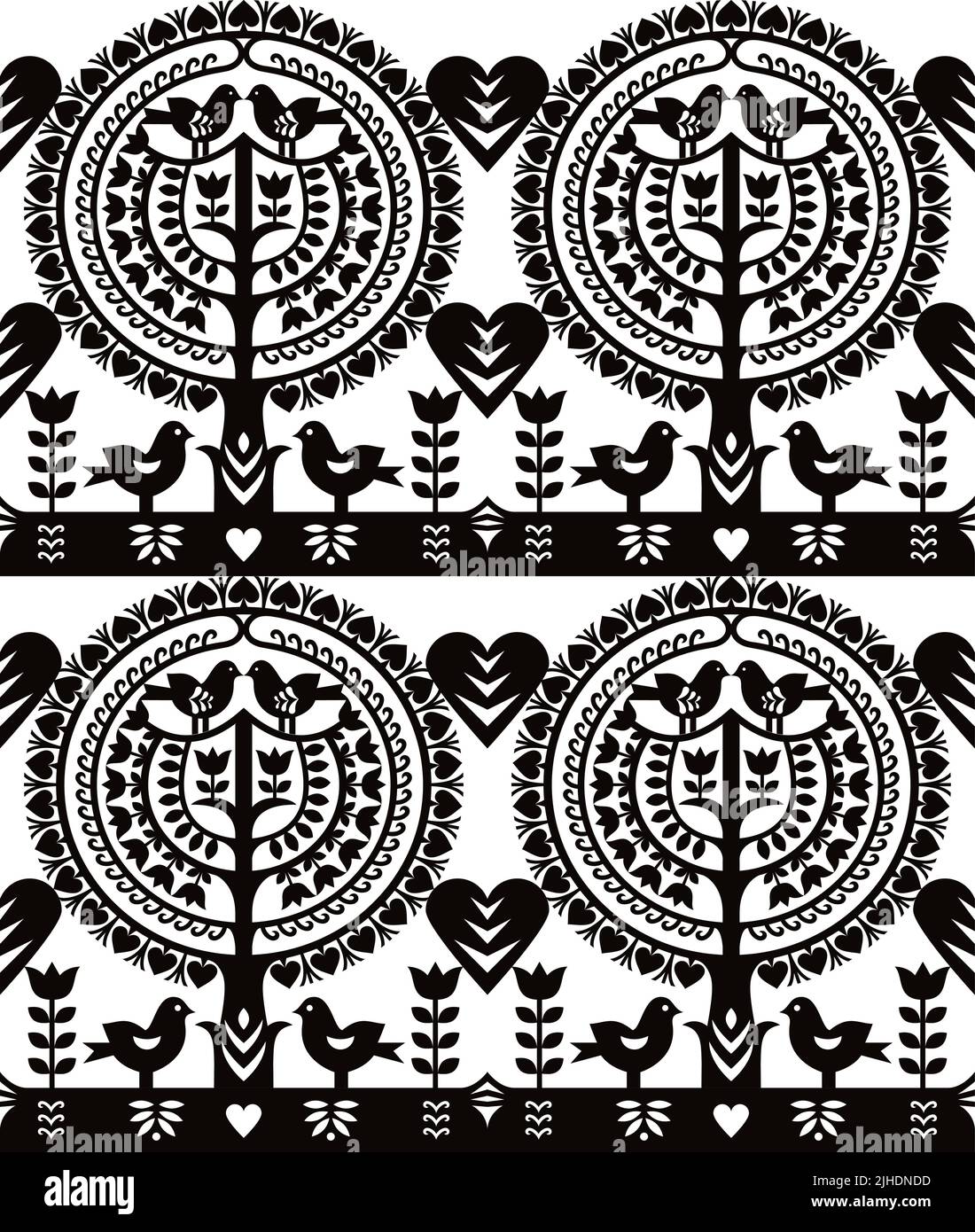 Polish folk art seamless vector pattern Wycinanki Kurpiowskie - Kurpie Papercuts with birds, hearts tree and flowers in black and white Stock Vector