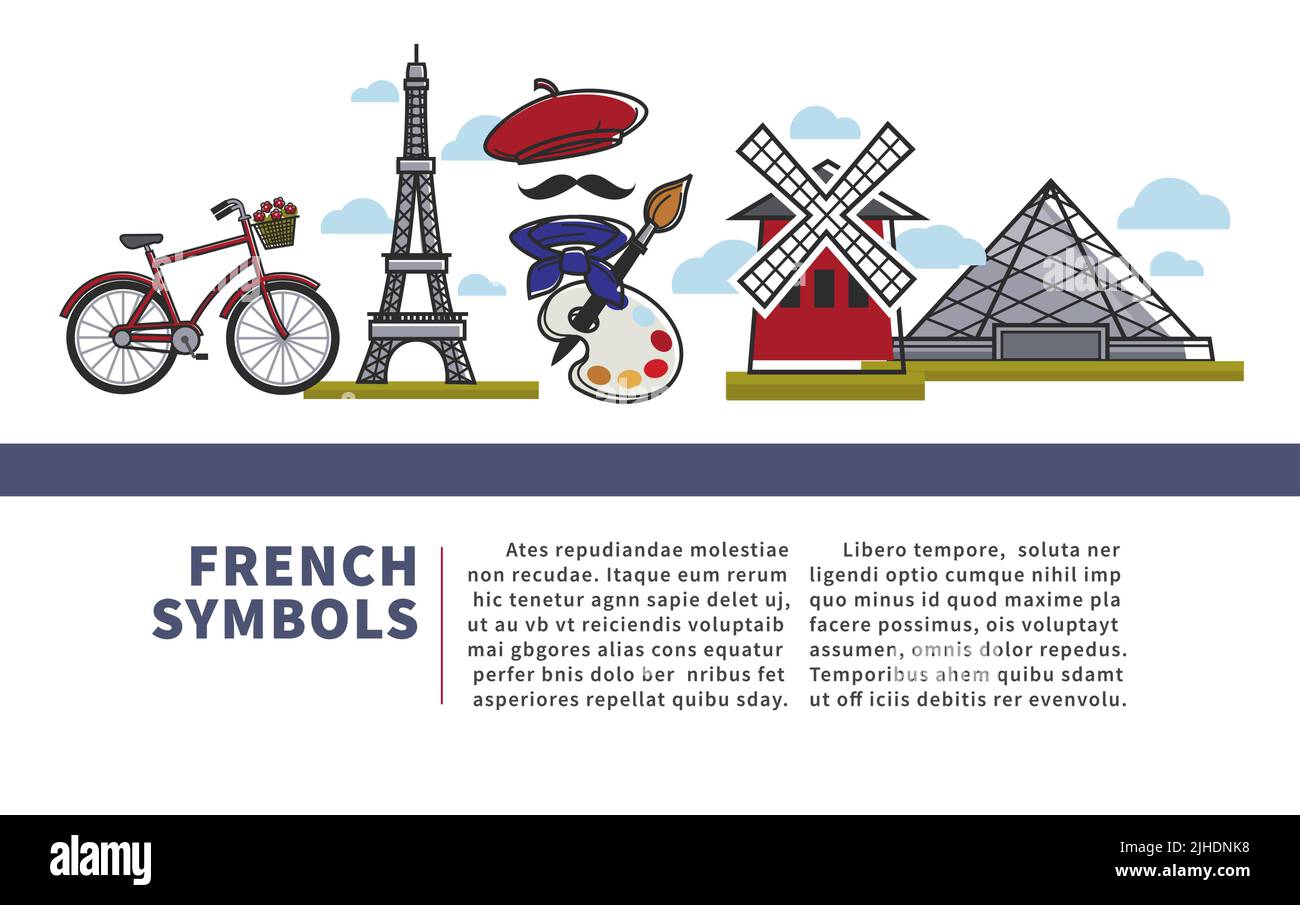 Travel agency brochures French culture and symbols architecture and cuisine vector Stock Vector