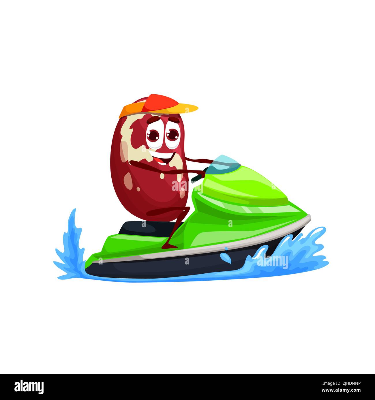 Cartoon bean character on jet ski or water scooter, vector kids