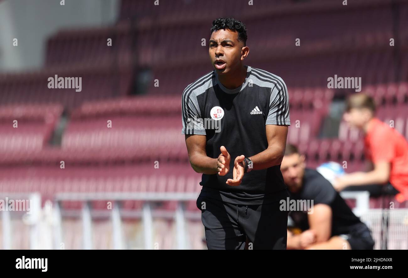 Edinburgh, UK : 16th July 2022 :  Crawley Town manager Kevin Betsy seen during the pre-season friendly between Heart of of Midlothian at Tynecastle Park Stock Photo