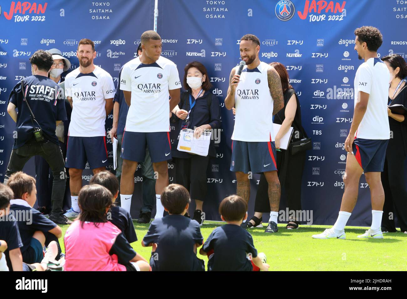 Tokyo, Japan. 18th July, 2022. (L-R) French football club team Paris Saint-Germain star players Lionel Messi, Kylian Mbappe, Neymar Jr and Marquinhos answer questions after they give a football clinic for children at the Prince Chichibu Rugby Field in Tokyo on Monday, July 18, 2022. Paris Saint-Germain will have games with Japanese club teams Kawasaki Frontale, Urawa Reds and Gamba Osaka for their Japan tour. Credit: Yoshio Tsunoda/AFLO/Alamy Live News Stock Photo