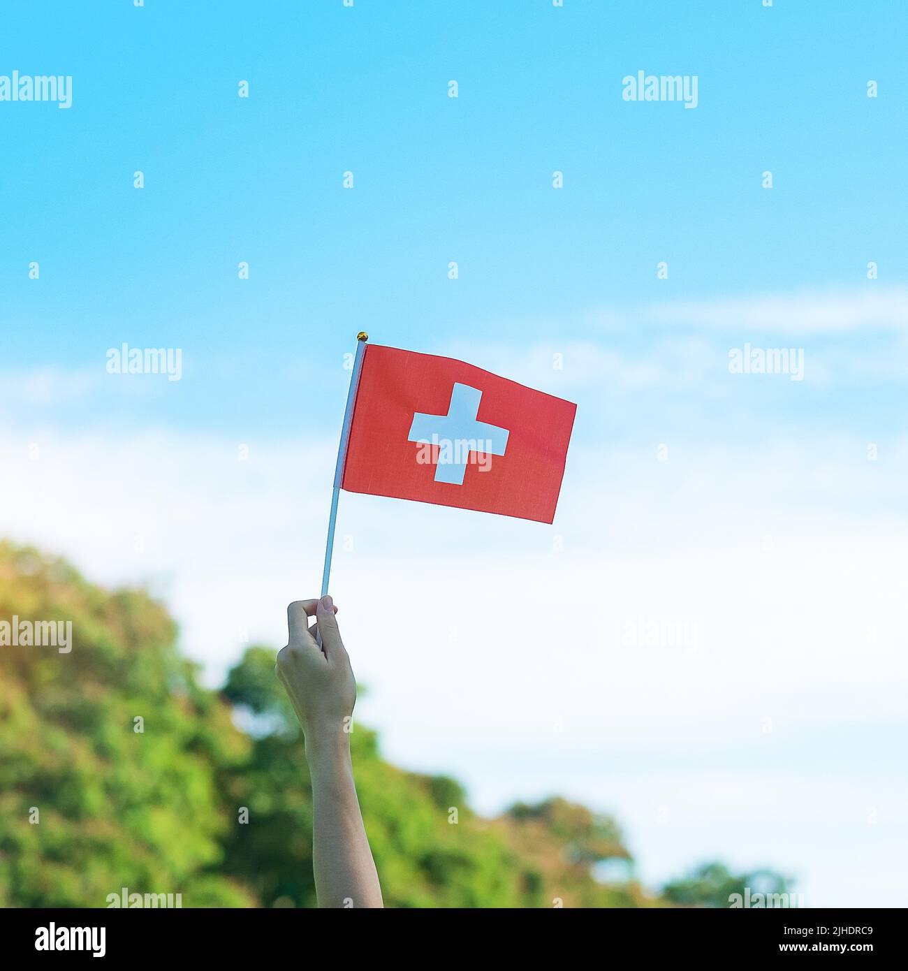 hand holding Switzerland flag on blue sky background. Switzerland National Day and happy celebration concepts Stock Photo