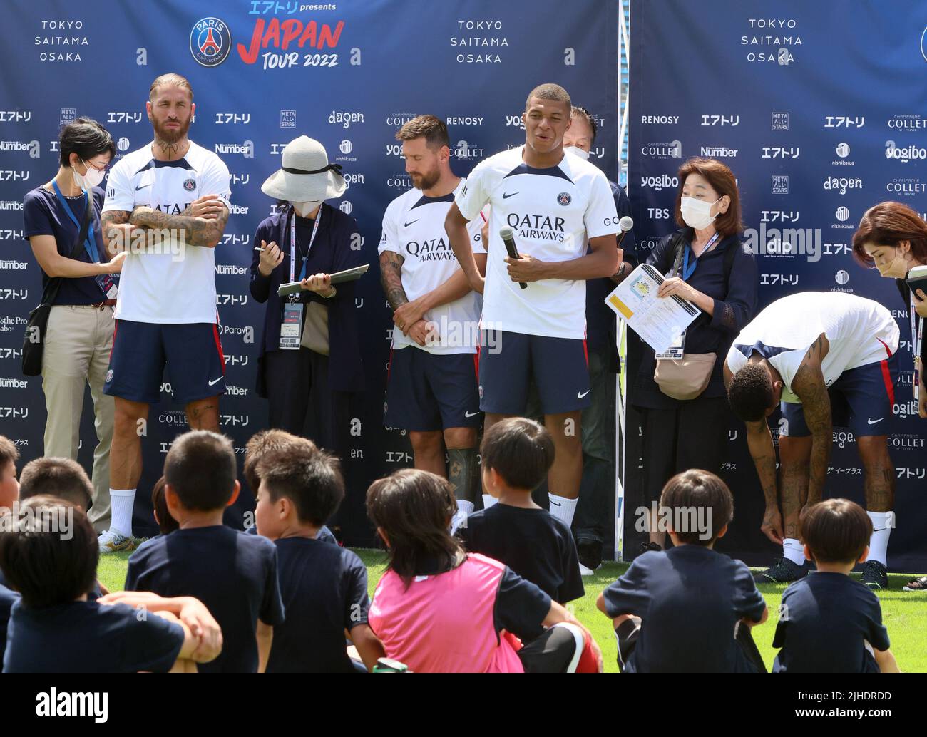 Tokyo, Japan. 18th July, 2022. (L-R) French football club team Paris Saint-Germain star players Sergio Ramos, Lionel Messi, Kylian Mbappe and Neymar Jr answer questions after they give a football clinic for children at the Prince Chichibu Rugby Field in Tokyo on Monday, July 18, 2022. Paris Saint-Germain will have games with Japanese club teams Kawasaki Frontale, Urawa Reds and Gamba Osaka for their Japan tour. Credit: Yoshio Tsunoda/AFLO/Alamy Live News Stock Photo
