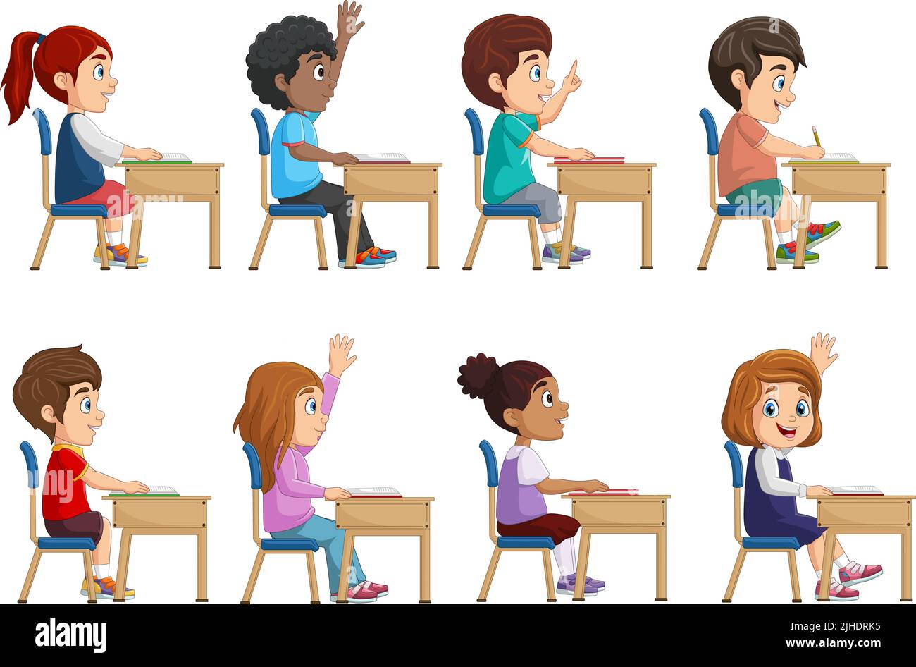 Group of school children sitting at classroom desks Stock Vector Image