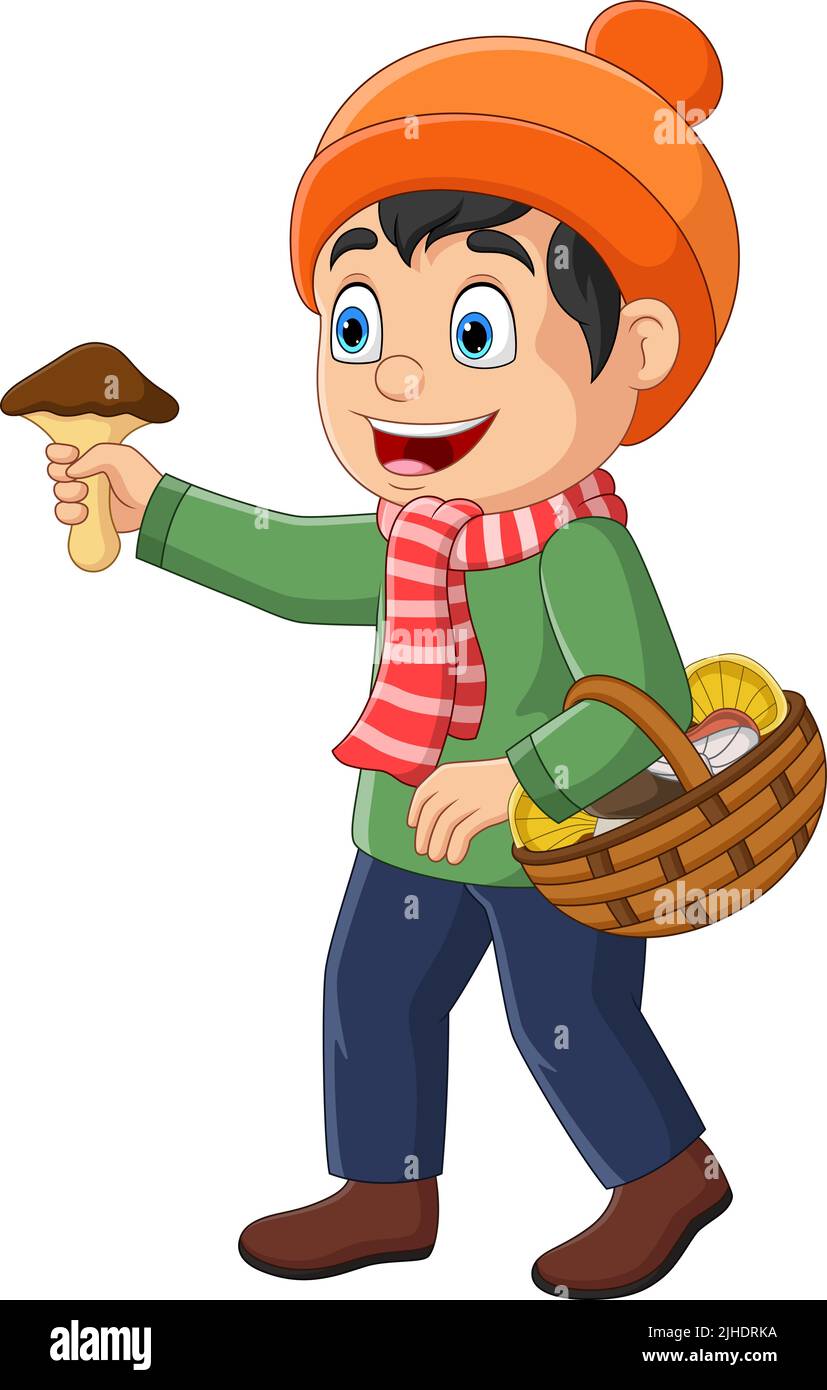 Cartoon little boy with basket of mushrooms Stock Vector