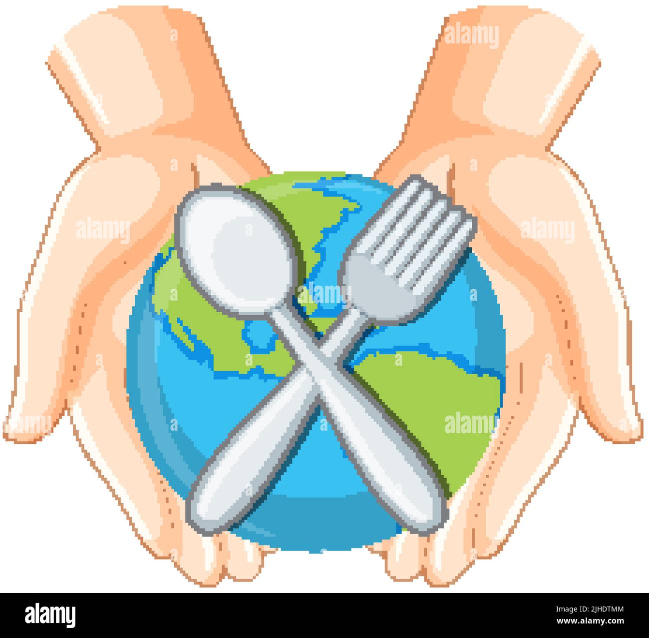 Spoon fork and earth globe in human hands illustration Stock Vector