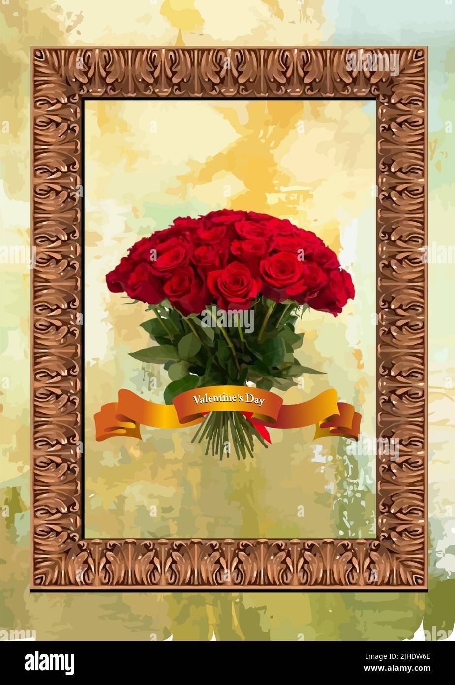 A beautiful red bouquet into wood frame. 3d vector illustration Stock Vector