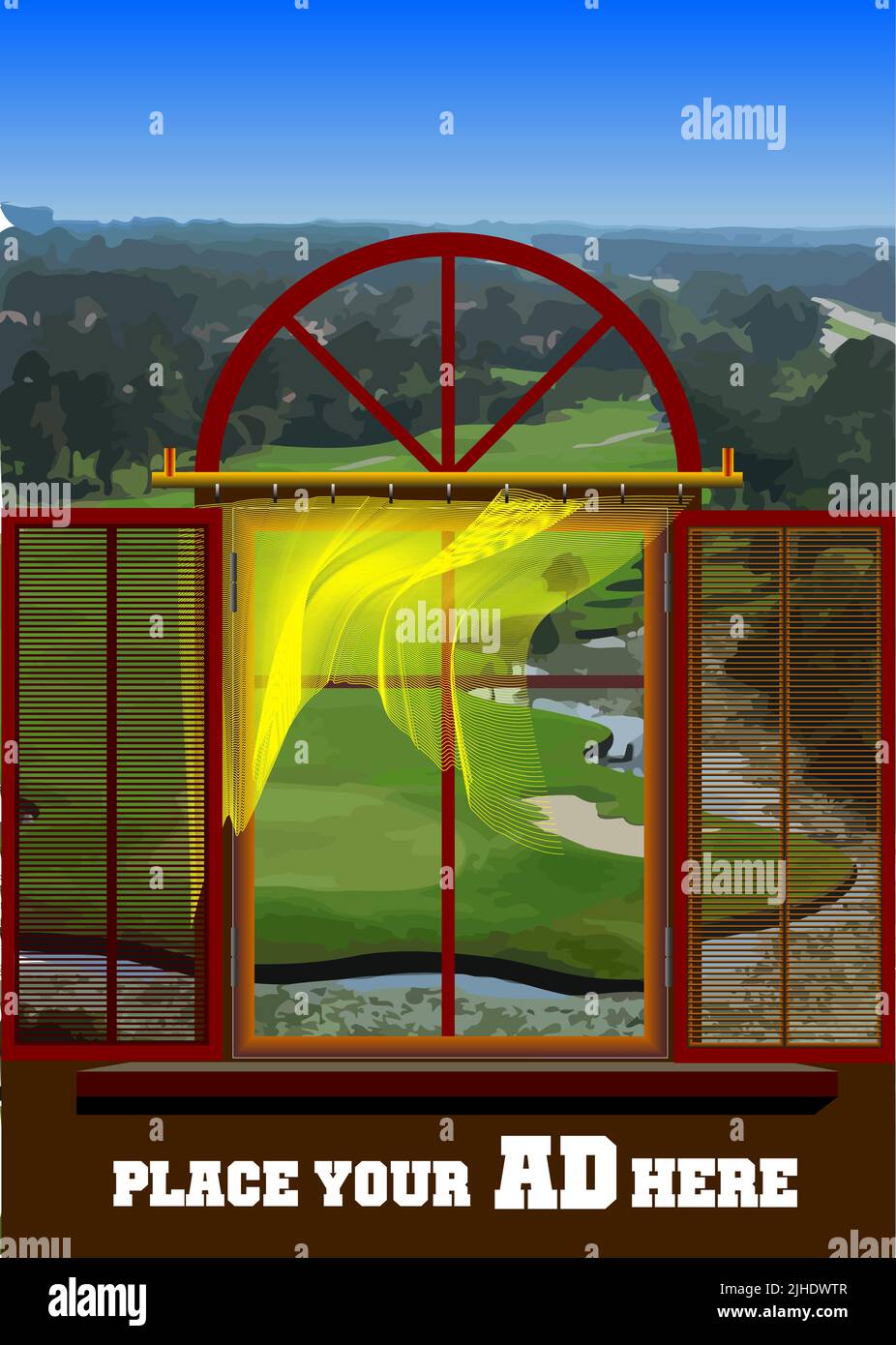 Exposed modern window. Window view of the golf course. 3d color vector illustration Stock Vector