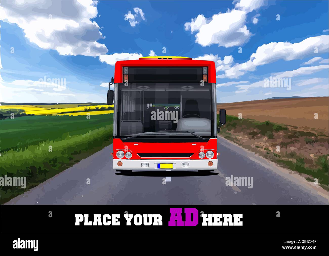 Red bus travels along road in green fields. 3d color vector