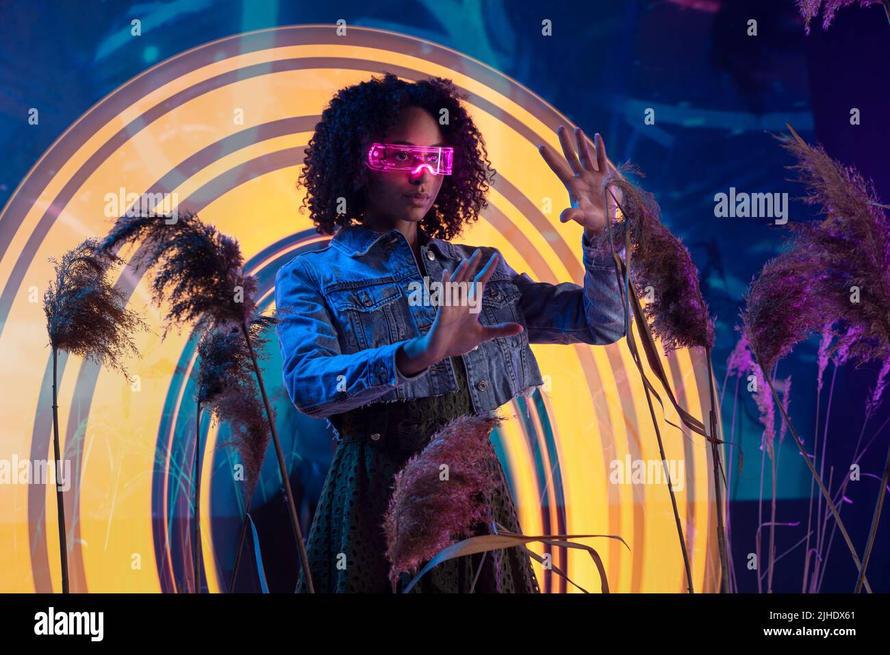 Metaverse digital cyber world technology, woman with virtual reality VR