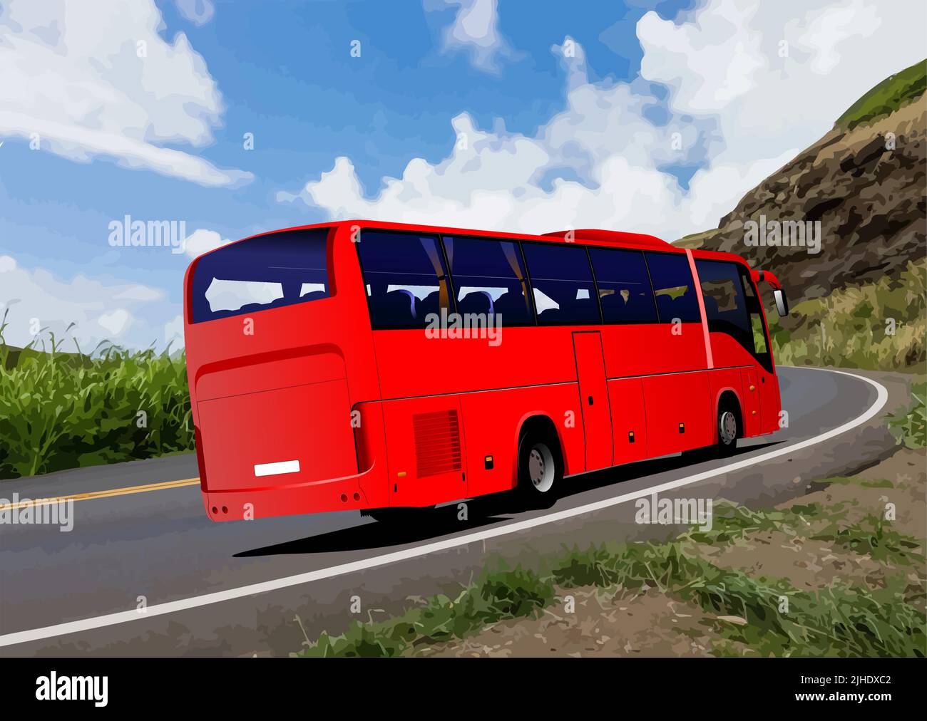 Tourist bus carries travelers by the mountain road. 3d vector color