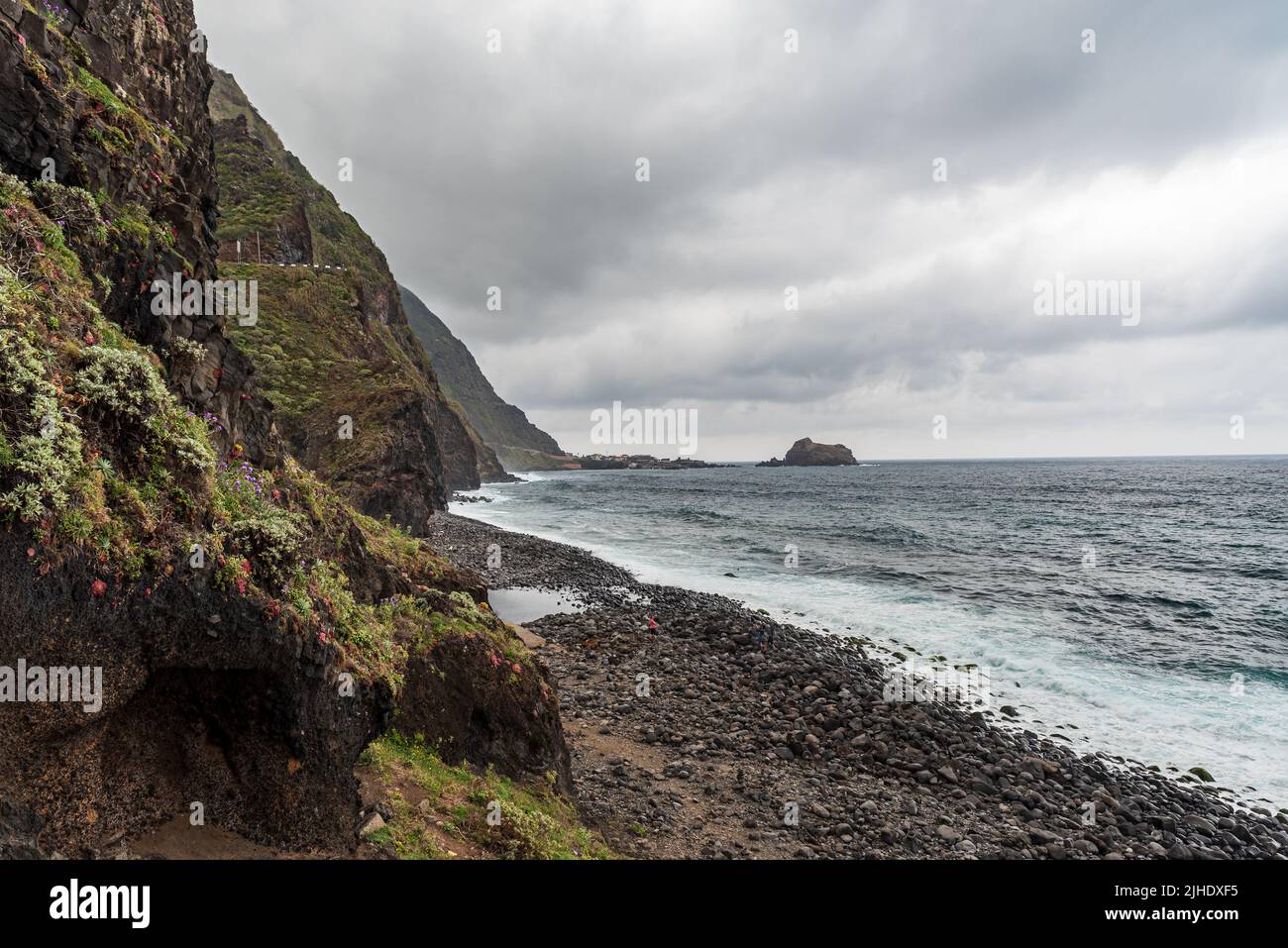 Wild Atlantic Ocea coastline between Ribeira da Janela and Porto Moniz in Madeira Stock Photo