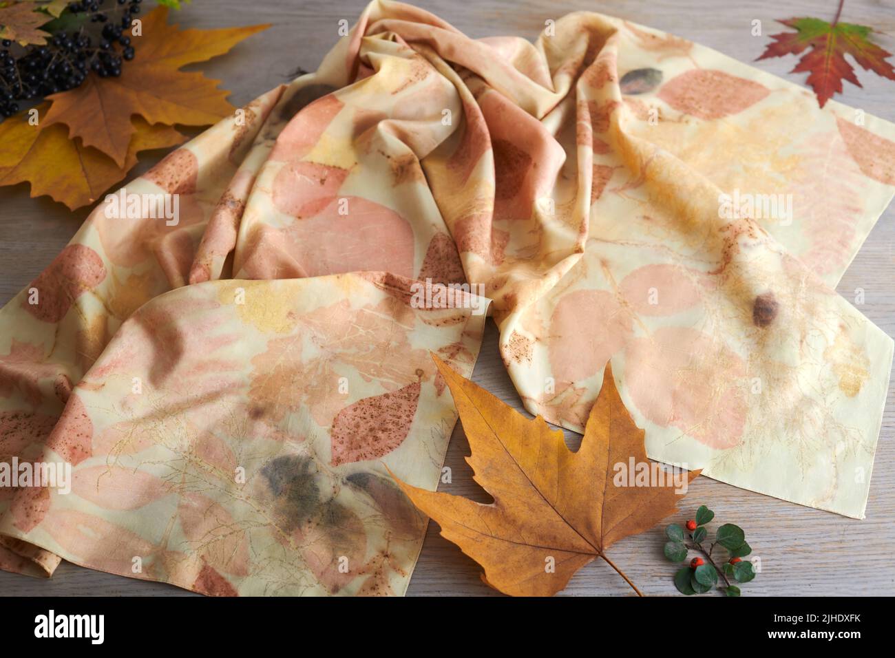 Hand-dyed silk scarf surrounded by berries and autumn leaves. Eco-print technique Stock Photo