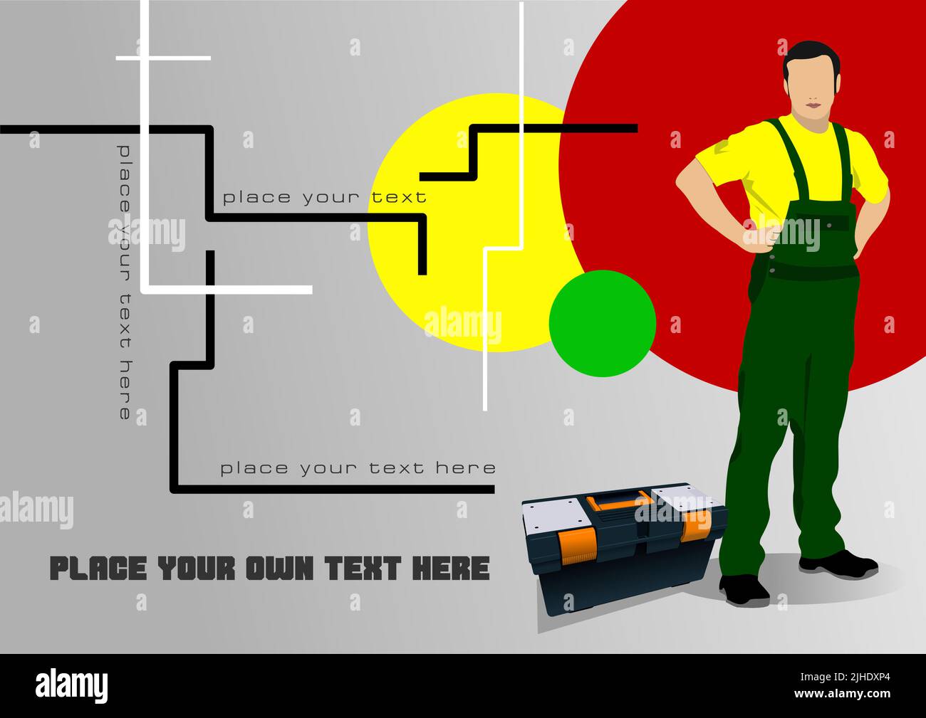 Male Contractor with Plastic box full for tools. 3d color vector ullustration Stock Vector