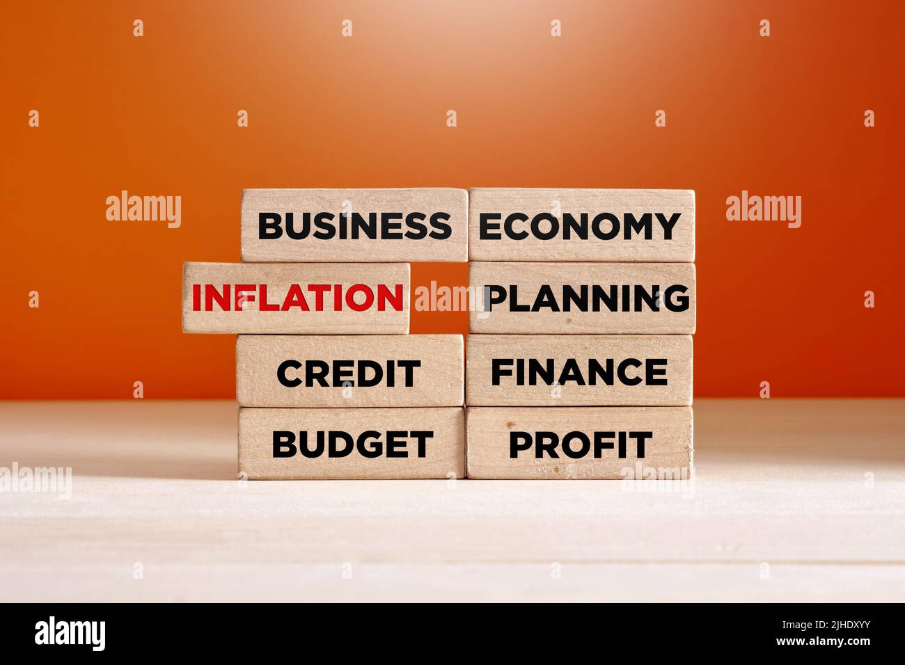 Core business financial inscriptions on wooden blocks with the word inflation taken out. Inflation and economic crisis concept. Stock Photo