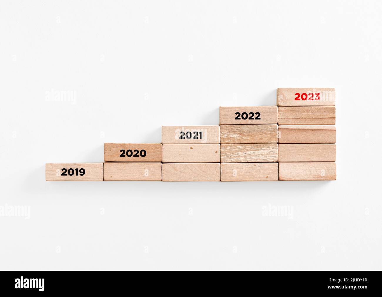 The year 2023 at the top of the ascending wooden ladder. Business timeline, growth and improvement over time concept. Stock Photo