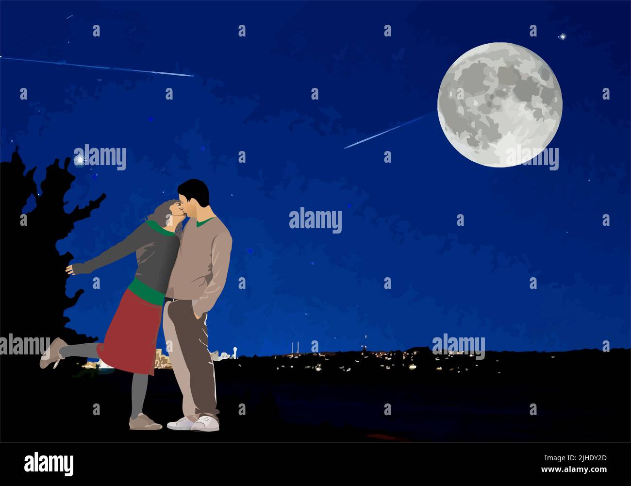 Happy couple romantically kissing at night under moonlight. 3d vector