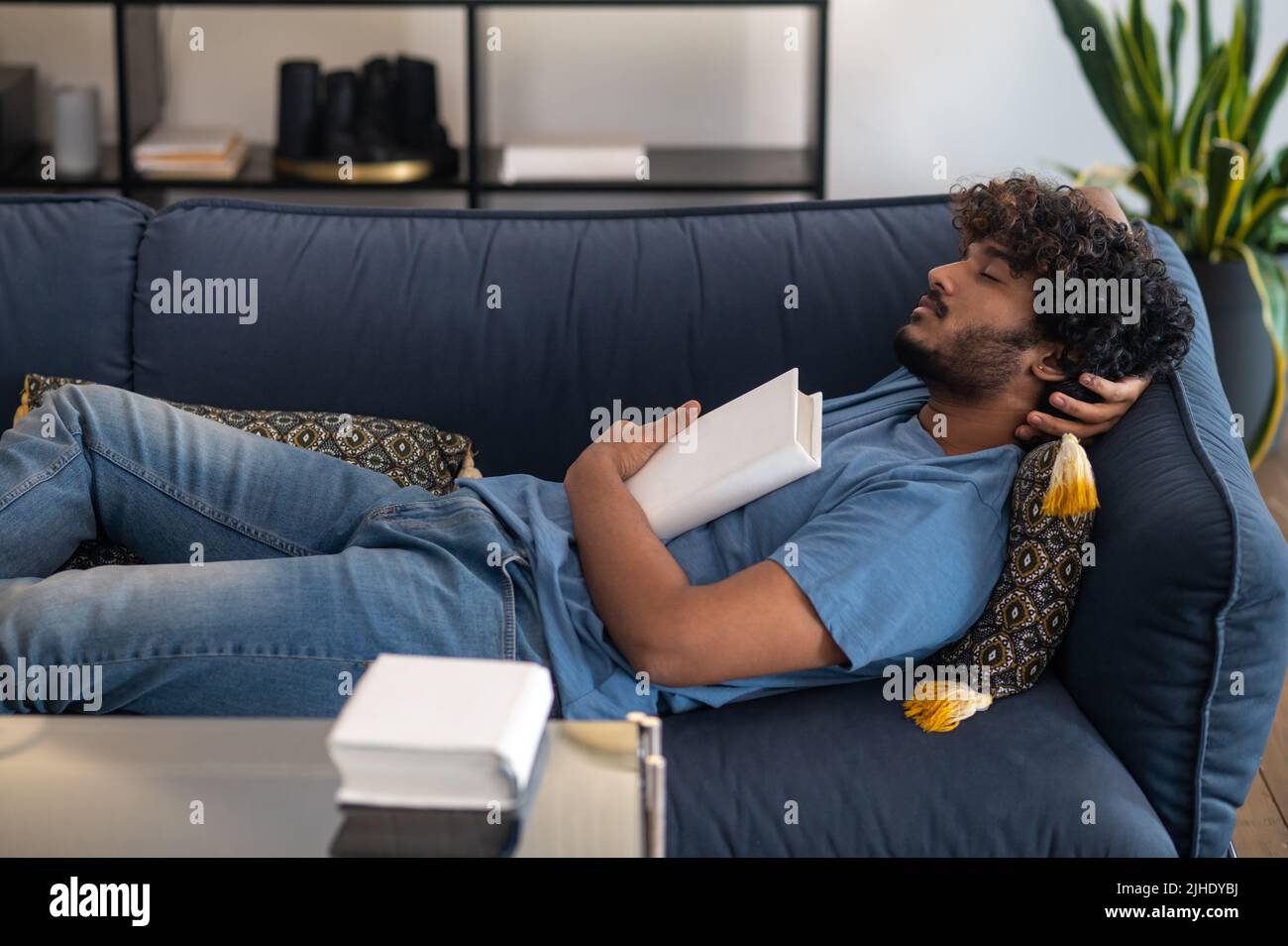 Young man sleeping on the sofa with a book in hands Stock Photo Alamy