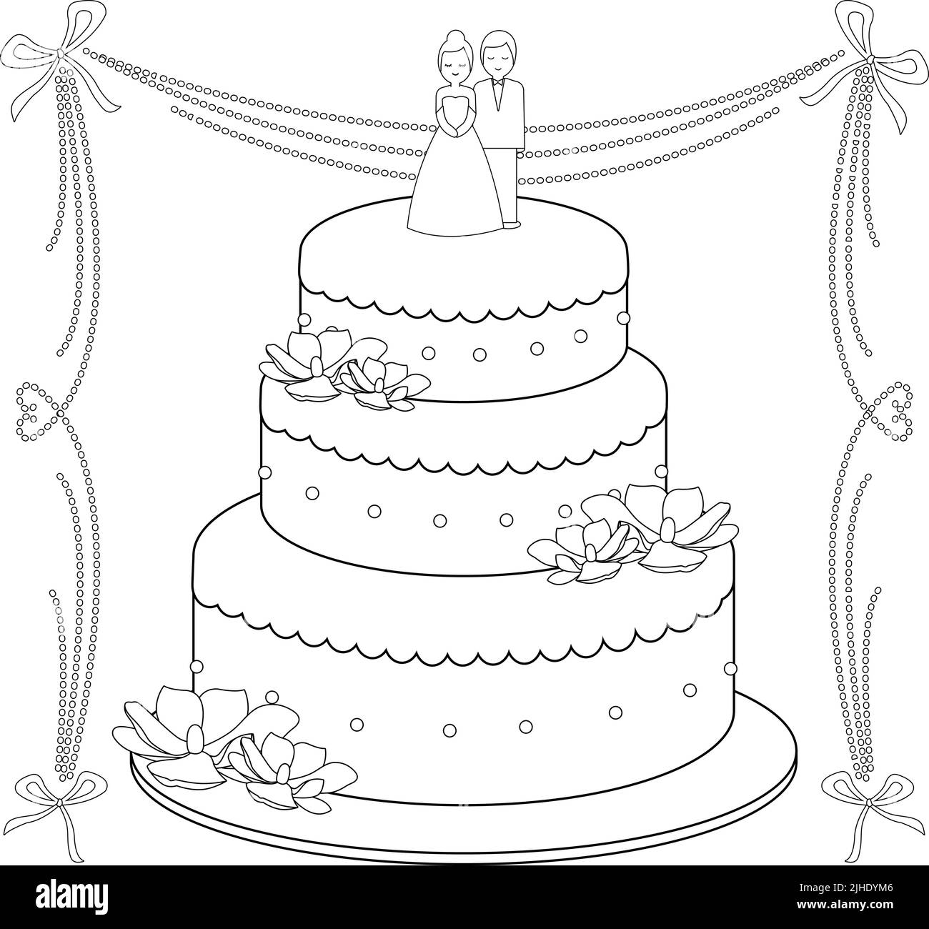 Wedding cake. Vector black and white coloring page Stock Vector