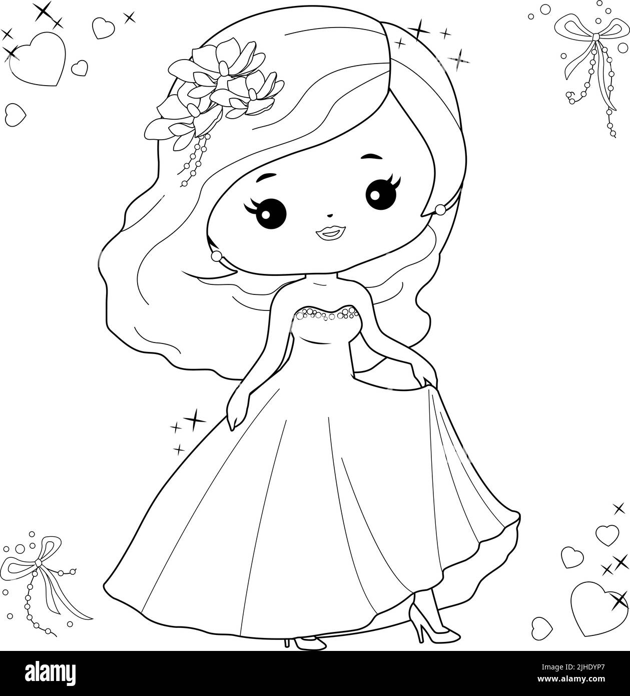 Beautiful bride in a cute wedding dress. Vector black and white coloring page Stock Vector