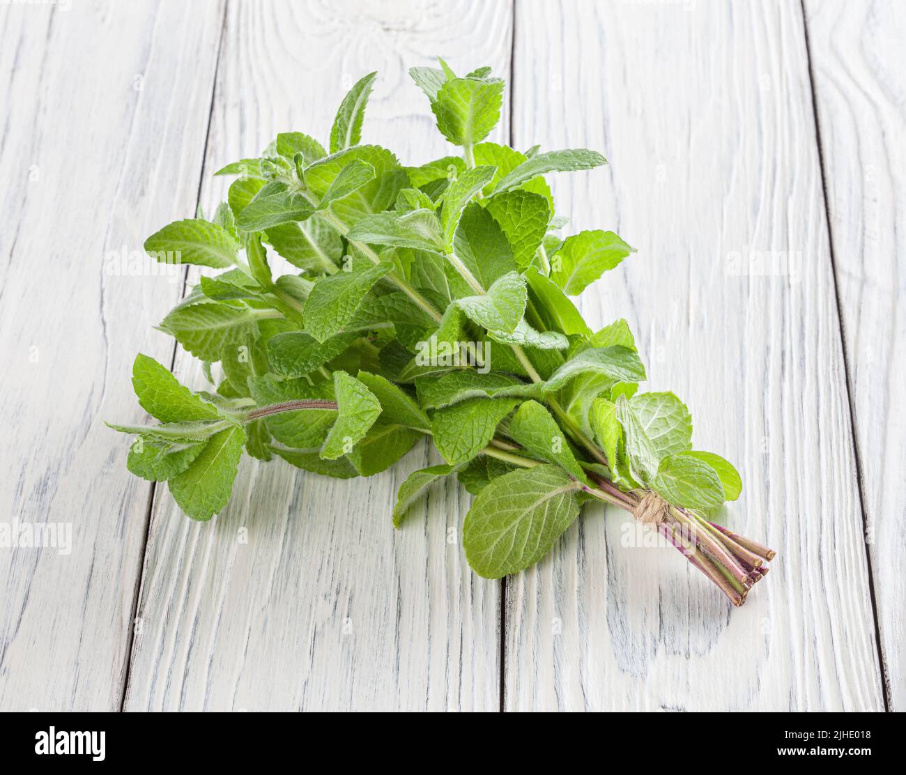 Bunch of fresh melissa on white wooden background Stock Photo