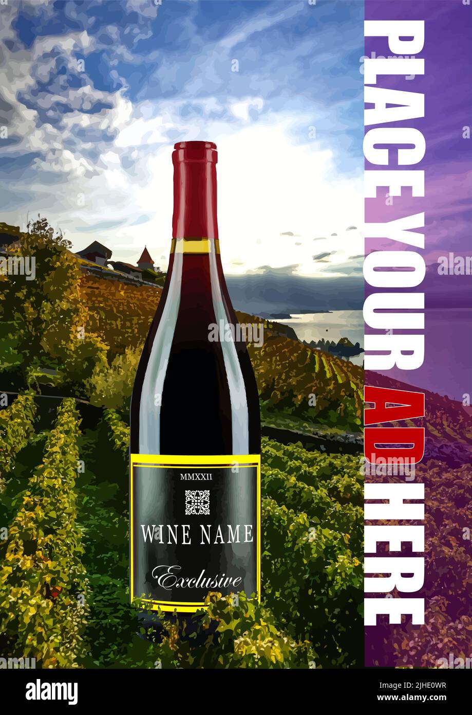 Bottle of red wine on vineyard background. 3d color vector illustration ...