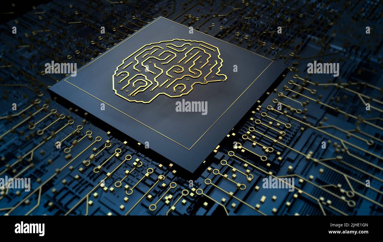 3d computer chip cpu with human brain. Processor on technology board