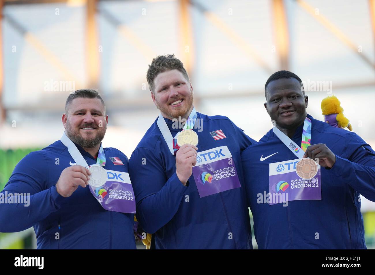 Eugene, USA. 17th July, 2022. Gold Medalist Ryan Crouser (C) Of The ...