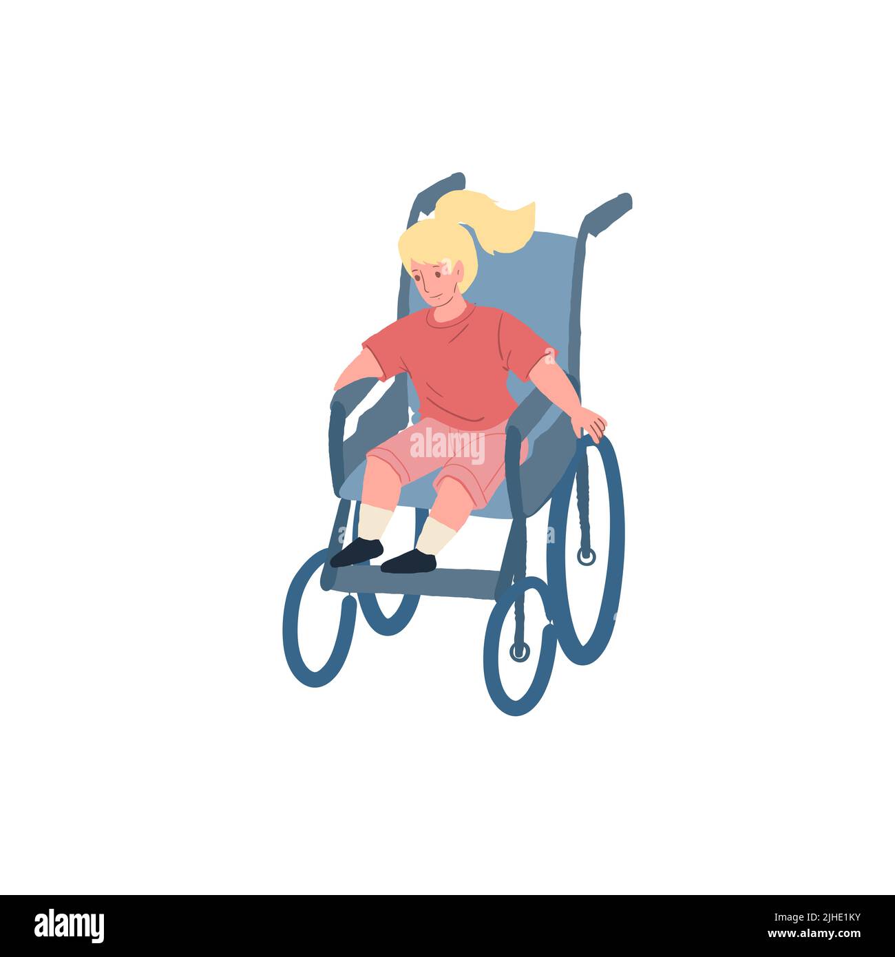 Flat cartoon girl character sits in wheelchair,disabled childrens care